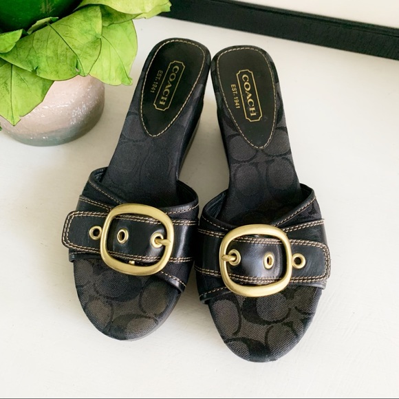 ❤️COACH❤️Greta Fabric Logo Wedges❤️Brass Hardware Buckle Design - Picture 2 of 7